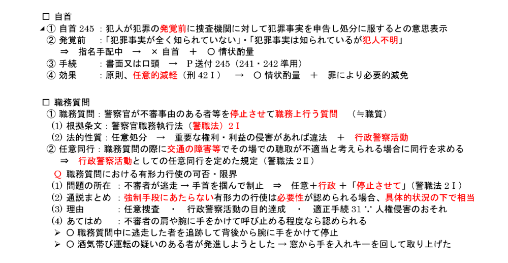 刑事訴訟法第１５項のテキスト：自首と職務質問